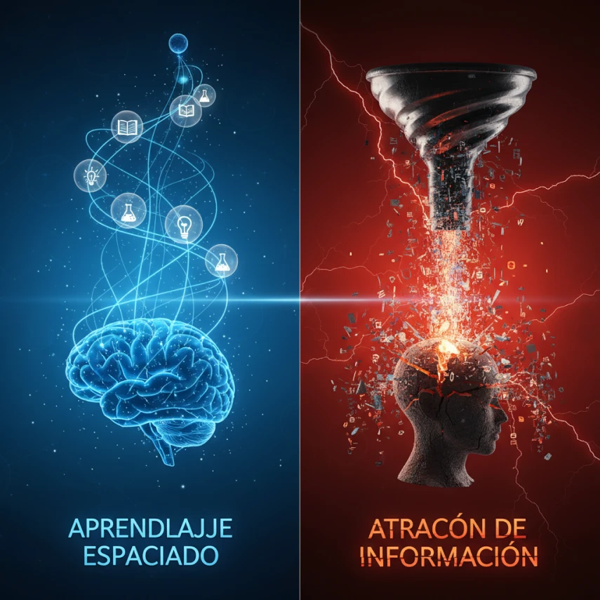 Ilustración comparativa dividida en dos partes: a la izquierda, un cerebro azul recibiendo información ordenada bajo el concepto de aprendizaje espaciado; a la derecha, un cerebro rojo saturado por un embudo bajo el concepto de atracón de información.