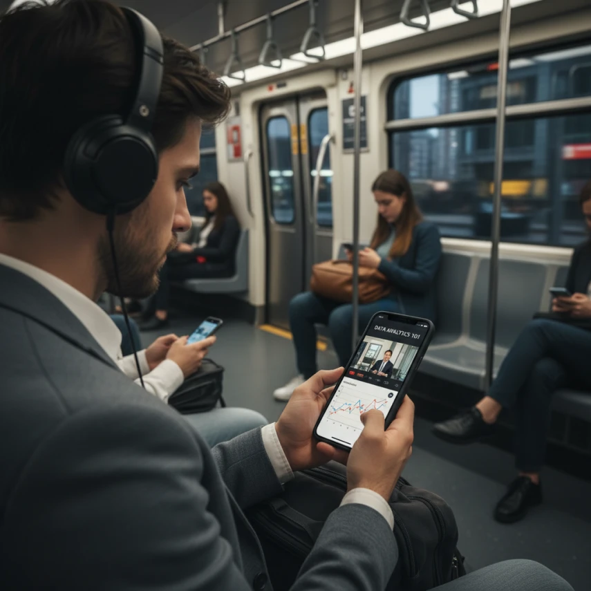 Hombre joven con traje y auriculares utilizando su smartphone para estudiar una lección de microlearning mientras viaja sentado en el metro, demostrando la accesibilidad de la formación móvil.