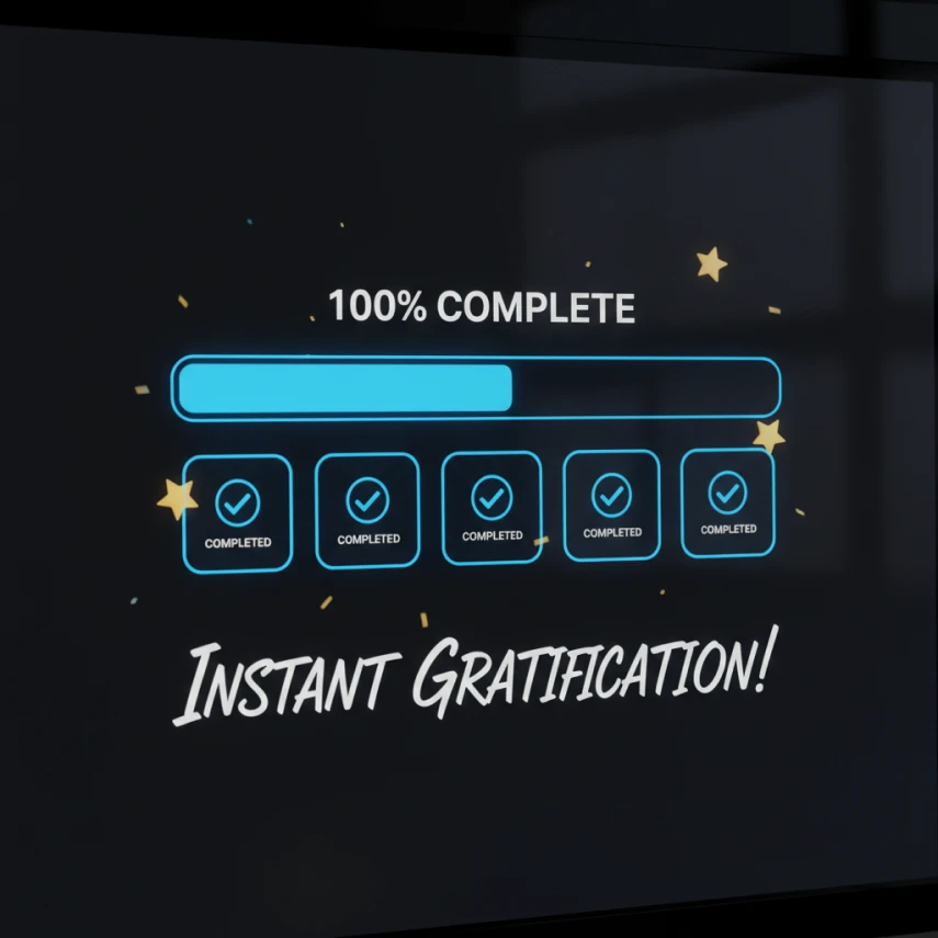 Primer plano de una interfaz de usuario oscura que muestra una barra de carga azul al 100% y casillas verificadas, con el texto "Instant Gratification", representando la motivación inmediata al completar cápsulas de formación.