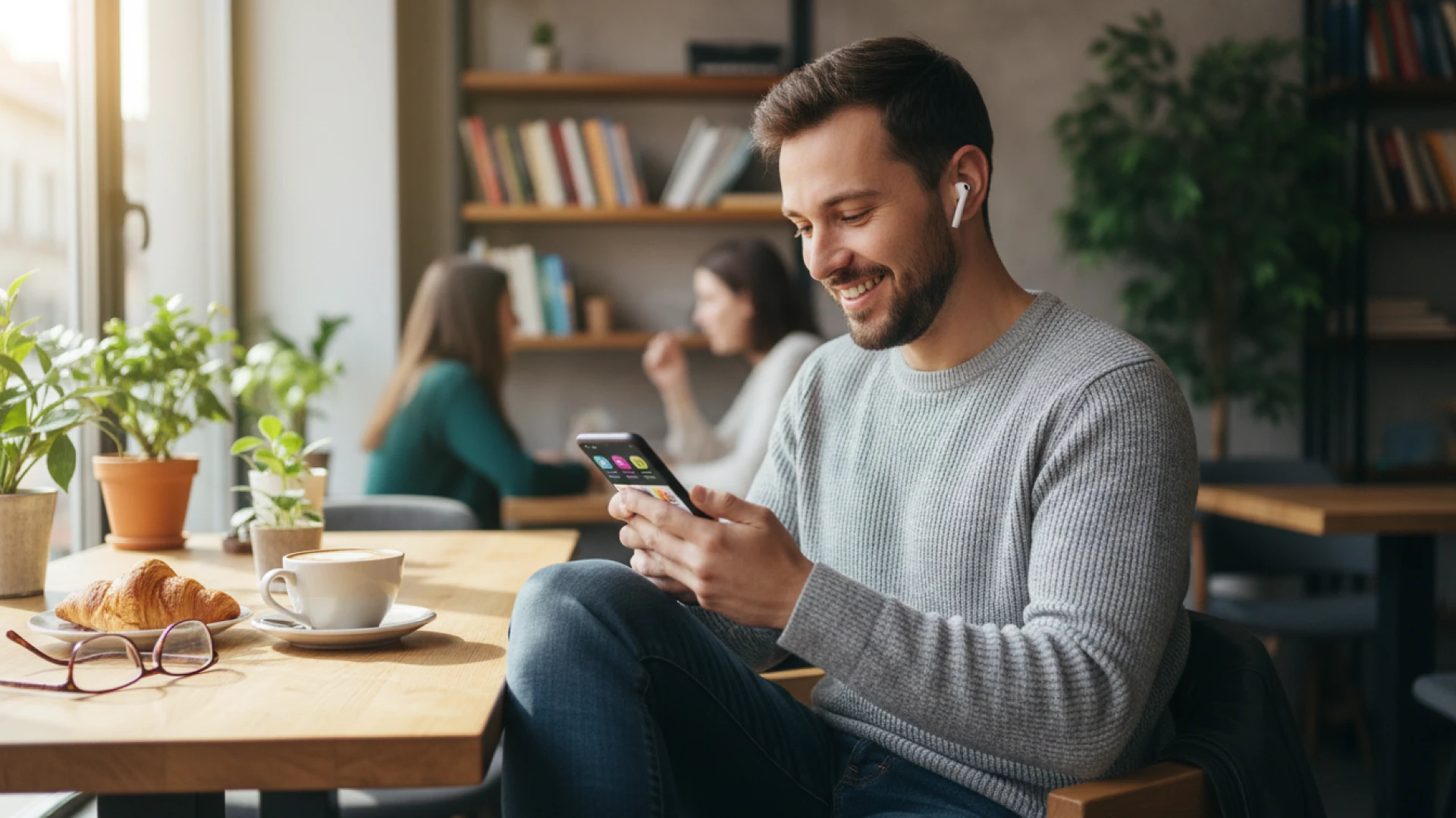 Hombre joven sonriente sentado en una cafetería relajada, consultando su smartphone con auriculares inalámbricos mientras disfruta de un café y un croissant, representando la flexibilidad y comodidad del microlearning fuera de la oficina.